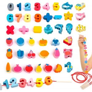 ChenQuanSarl-Jeu D'Enfilage 48 Pièces - Jouet Montessori De 2 3 4 5 6 Ans Pour Enfants Jouet Éducatif Perles En Bois Chenille Enfilage Motricité Jouet Jouet En Bois Arc-En-Ciel Jeu Éducatif - Neuf