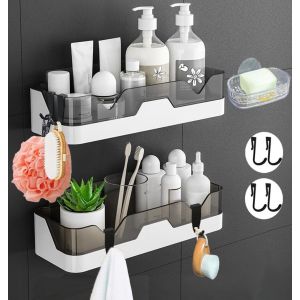 Lot De 2 Etag&egrave;re Douche,Serviteur De Douche Sans Per&ccedil;age, Paniers Rangement D'Organisateur De Douche Mural Pour Salle De Bain/Cuisin(Avec 1Porte-Savons 4 Crochets) - Neuf