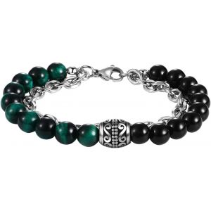 Eryi-Bracelet Homme De Perles Réglable En Obsidienne: Bracelet De Perles Réglable Avec Pendentif Tête De Mort Multicouche En Acier Inoxydable - Neuf