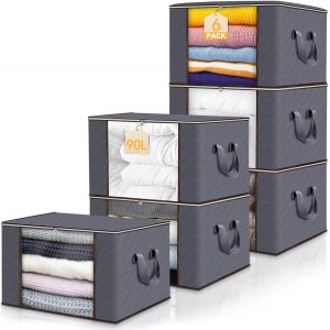 Mevronisshop-Lot De 6 Sac Rangement Vetement, 90l Caisse Boite Rangement D&eacute;m&eacute;nagement Pliable, Avec Poign&eacute;e Renforc&eacute;e, Non-Tiss&eacute; Sac De Rangement Sous Lit, Pour Couvertures Jouets V&ecirc;tements, Gris - Neuf