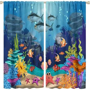 Rideaux Enfants Cartoon Ocean Nature Animaux Marins Mignons Etoile de Mer Corail Chambre Garcons Filles Salon Salle de Bains Decoration Fenetre 2 Panneaux W21xL45 Pouces - Neuf