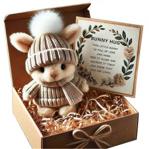 Mini lapin c&acirc;lin mignon cadeau de P&acirc;ques, lapin en peluche de P&acirc;ques avec bonnet tricot&eacute; et pompon, lapin de soutien &eacute;motionnel de poche souple avec bo&icirc;te cadeau et carte-B - Neuf