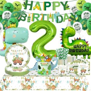 ChicSlick-Decoration Anniversaire Dinosaure 2 Ans,Vaisselle Anniversaire Dinosaure,Ballon Anniversaire Dinosaure 2 Ans,Dino Déco Anniversaire Garçon,Vaisselle De Fête Dinosaure Assiettes Pou[X242] - Neuf