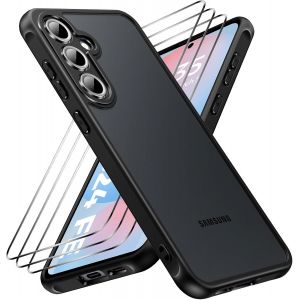 Kal-Coque Pour Samsung Galaxy S24 Fe 5g Avec 3 Verre Trempé [Antichoc] Coque De Téléphone Portable, Dos Translucide Mat Anti-Traces De Doigts, Noir - Neuf