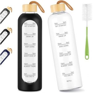Bouteille D'eau En Verre,1l Gourde En Verre Borosilicate Avec Marqueur De Temps & Couvercle Bambou & Étui Silicone,Anti-Fuite Incassable,Pour Sport/Camping/Voyage Sans Bpa.[B835] - Neuf