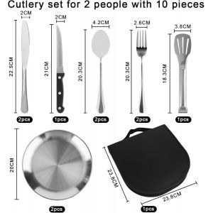 Asfasfq-Vaisselle De Camping Pour 2 Personnes, 10 Pièces De Vaisselle De Camping En Acier Inoxydable Durable Pour L'extérieur, Le Camping, Le Pique-Nique, Le Barbecue, Les Voyages - Neuf