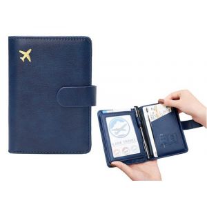 Portefeuille porte-passeport en cuir PU avec blocage RFID bleu - Neuf