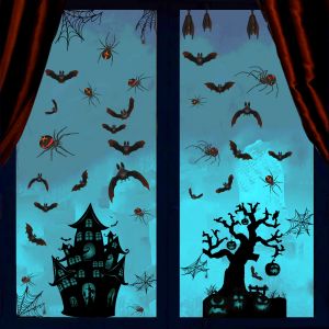 Arc-En-Ciel Halloween Fenêtre S'accroche, 18 Feuilles Double Face Halloween Décoration Autocollants, Effrayant Maison Hantée Fenêtre S'accroche Bat Toile D'araignée Halloween Décoration (20x30cm) - Neuf