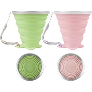 Sjzg-2 Pi&egrave;ces Tasse De Voyage Pliable En Silicone, 270ml Sans Bpa, Gobelet Pliable En Silicone Avec Couvercle, Verre Retractable De Camping Pour Le Plein Air Randonn&eacute;e Pique-Nique (Rose Vert) - Neuf