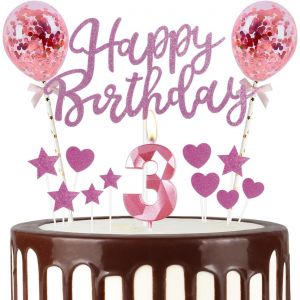 ERYI-Bougie Rose Pour 3E Anniversaire, Ballons Roses En Forme De Chiffre 3 Pour Gâteau, Bougies Roses Pour Gâteau D'Anniversaire Pour Filles Et Garçons - Neuf