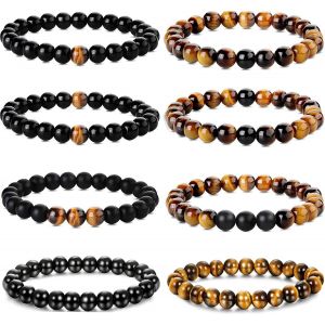 Eryi-8 Pièces 8mm Bracelets Pour Hommes Femmes Oeil De Tigre Pierre Mala Perles Agate Élastique Pierre Naturelle Yoga Bracelets Ensemble - Neuf