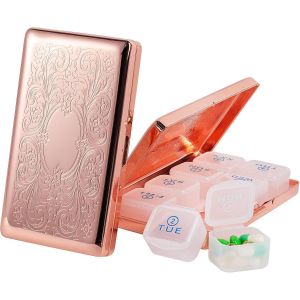 Pilulier 7 Jours 8 Compartiments,Boîte À Pilules De Voyage En Métal,Boîte À Pilules Portable Sans Bpa (Motif Rose,Grand) - Neuf