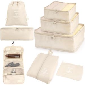 Lot De 8 Rangement Val Organisateur Packing Cubes De Voyage Pochette, Compartiment Val , Trousse &Eacute;tanche De Toilette &Agrave; Suspendre, Sacs &Agrave; V&ecirc;tements, Chaussures, Sacs De Rangement (Beige) - Neuf