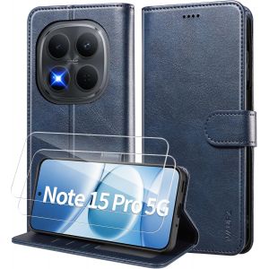 JGD-Coque pour Xiaomi Redmi Note 15 Pro 5G, Etui Coque avec 2 Verre Tremp&eacute; Porte Carte Clapet &agrave; Rabat Portefeuille Cuir Pochette Case Housse Protection Flip Cover &Eacute;tui,Bleu - Neuf