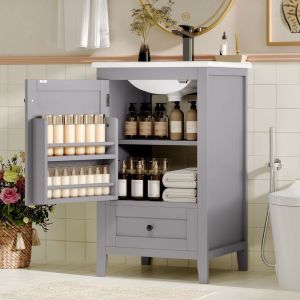 Meuble salle de bain lavabo vasque laque tablette porte tiroir silencieux grande capacite etagere reglable ceramique gris - Neuf