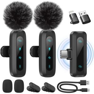 Microphone De Lavalier Sans Fil Pour Iphone,Ipad,Téléphone Android,2-Pack Mini Microphone Avec Réduction Du Bruit, Appairage Automatique,Sourdine Et Réverbération Pour Vlogging,Enregistrement Vidéo - Neuf