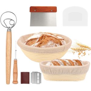 Jexnovashop-Banneton Panier D'épreuvage Set, Corbeille À Pain+Grattoir En Métal + Grattoir En Plastique + Fouet À Pâte + Lame À Pain, Panier Naturel Pour Faire Son Propre Pain - Neuf