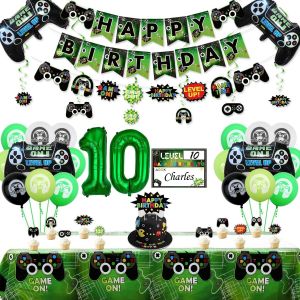 ERYI-Décorations Fête Jeu Vidéo - 10E Anniversaire Décorations Garçons,Bannière Happy Birthday,Ballons Jeu Vidéo,Nappe,Ballon Contrôleur,Panneau Suspendu Jeu,Accessoires Fête Vert - Neuf