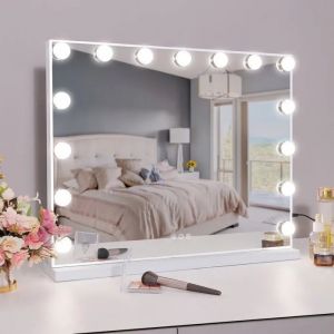 FENCHILIN Hollywood 15 LED miroir de maquillage lumineux/ trois lumi&egrave;res r&eacute;glables/ port de charge USB/ loupe 10x/ blanc 58 x 46cm - Neuf