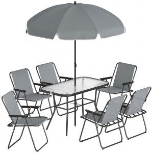 Salon De Jardin 6 Personnes 8 Pi&egrave;ces Avec Parasol Acier Verre Gris - Neuf