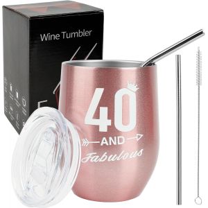 Eryi-Verre À Vin 40 Ans, Verre À Vin Sans Pied, Gobelet À Vin En Acier Inoxydable Avec Paille Et Couvercle, Cadeau Femme 40 Ans, Isolation Sous Vide Double Couche Mug Pour Vin, Café, Boissons Et Cham - Neuf