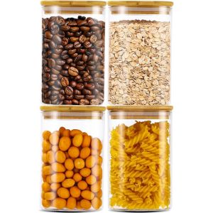 Bocaux Rangement En Verre Herm&eacute;tique Lot De 4,Bocaux Rangement Cuisine,Pots Et Bocaux De Conservation Cuisine Avec Couvercle,Pour P&acirc;tes, C&eacute;r&eacute;ales, Th&eacute;(1200ml&times;4) - Neuf