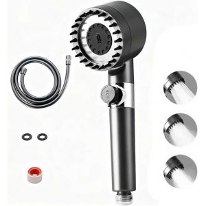 JGD-Pommeau de Douche Haute Pression &Eacute;conomique, Flexible PVC 1.5m, 4 Jets R&eacute;glables + Filtre Anti-Calcaire, Bouton Stop, Support Murale - Chrome - Neuf