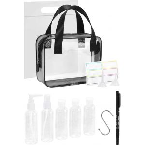 KALANKA-Kit de Voyage Transparent, Trousse de Toilette Transparent, 5pcs Bouteilles Vides (Max.100ml) + Étiquettes Vierges + Feutres à Encre Permanente - Neuf