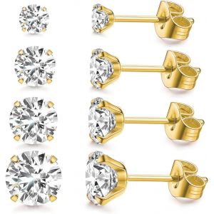 4 Paires 316l Acier Inoxydable Cz Lot Boucles D'oreilles Femme Homme Cartilage Boucles D'oreilles Piercing Ronde Cubique Zircone Boucle D'oreille À Vis À Billes Dos Plat Barbell,Or,3-6mm - Neuf