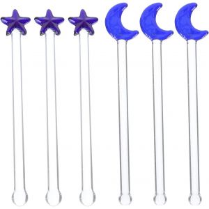 Lot De 6 B&acirc;tonnets M&eacute;langeurs En Verre Bleu Lune Et &Eacute;toile Pour Caf&eacute;, Cocktails, Jus, Vin, Th&eacute; Au Lait, Restaurants Et Bars &Agrave; Domicile. - Neuf