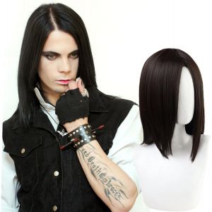 Ershi-Perruque Raide Longue Noir Pour Hommes, 35cm/ 13.78'' Noir Perruque Hommes 70s 80s Déguisement Perruques De Cheveux Pour Dis[7 - Neuf