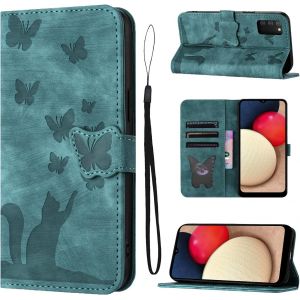 Kal-Housse Protection Pour Samsung Galaxy A02s 6.5 Pouces Sm-A025f/Ds Matériau En Cuir Pu Coque Samsung A02s Avec Fentes Pour Cartes Étui Motif Papillon Chat Vert - Neuf
