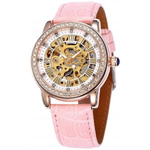 Montre Mecanique Automatique Pour Femme, Squelette, Strass, Bracelet En Cuir (Rose Dore) - Neuf