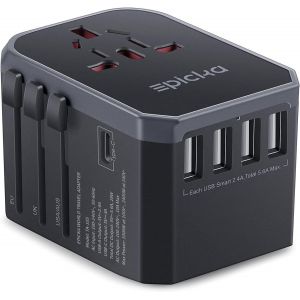 JGD-Adaptateur Universel de Voyage 28W, avec 1 Port USB-C et 4 Ports USB-A, Prise Internationale pour Allemagne, France, USA, Royaume-Uni, Japon, Tha&iuml;lande, Australie, Gris - Neuf