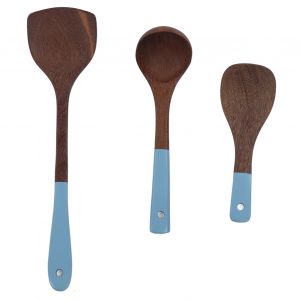 Hjlian Ensemble De 3 Ustensiles De Cuisine En Bois Wenge, Spatule A Long Manche, Cuillere, Antiadhesif, Style Idyllique, Bleu - Neuf