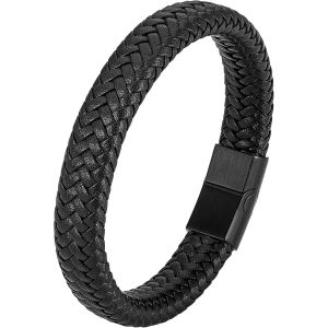 Eryi-Bracelet Cuir Homme Et Acier Inoxydable, 21cm Bracelet Tressé Pour Homme, Simple Bracelets Noir Marron Bleu Vert Rouge Blanc, Bijoux Cadeau Pour Hommes Papa, Avec Boîte - Neuf
