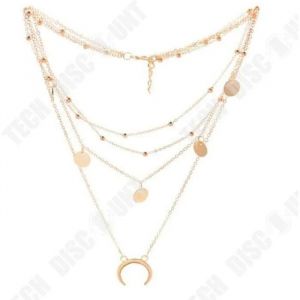 Td® Sautoir Collier Pendentif Doré Plaque Rond Lune Chaîne Ras Du Cou Multi-Rangs Cadeau Femme Usage Quotidien Toutes Occasions - Neuf