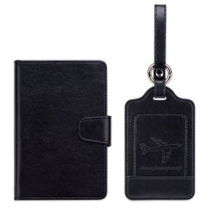 (Noir), Sac à passeport + étiquette d'avion, lot de 2, étiquette de valise, étiquette de bagage, voyage en avion, cuir PU, durable, esthétique, aide à l'identification, protection de la vie privée - Neuf