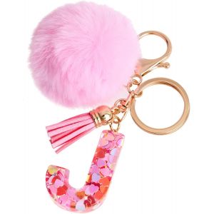 KAL-Porte-Clés Rose Avec Lettre Porte-Clés Fille Initiale Cadeau Femmes Porte-Clés Boule De Poils Décorer Pour Sac Sac À Dos Porte-Clef Gland Or Porte-Clef Femme - Neuf