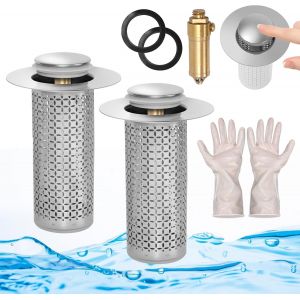 YEMAESRE-Lot De 2 Filtres De Vidange Universels Pop-Up Pour Évier De 34 À 40 Mm - En Acier Inoxydable - Avec Tamis À Cheveux, Paire De Gants, Bouchons De Vidange Pour Lavabo À Poser - Neuf