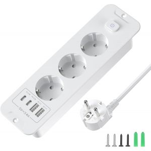 Prise Encastrable USB-C/USB-A Multiprise avec C&acirc;ble 2m & Interrupteur 3 Prises Blanc pour Meubles (Montage Encastrable ou Saillie) - Neuf