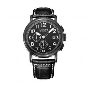 Megir Mode Hommes M&eacute;tal &Eacute;tanche Montre Bracelet En Cuir Ajustable Accessoire (Noir + Noir) - Neuf