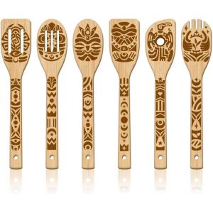 Kal-6 Pièces Ensemble Ustensiles De Cuisine En Bois Tribu Totem Antique Cuillères Sculptés En Bambou Spatules Gravées En Bois Pour Mère L'amie Femmes Cadeau De Pendaison De Crémaillère Amusant - Neuf