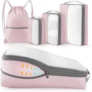 4 Pi&egrave;ces Packing Cubes Compression, Organisateur Val Bagage Sac Compression Organisateur De Voyage Rangement Pour Sac &Agrave; Dos (Rose) - Neuf