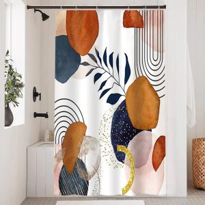 KAL-Rideau Douche Abstrait, Rideau De Douche Anti Moisissure 120X180Cm Terracotta Géométrique Feuilles Bleu Rideaux De Baignoire Tissu Lavable Imperméable Rideaux Salle De Bain Avec 8 Crochets - Neuf