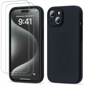 3 En 1 Coque Iphone 15 Silicone Liquide - Avec 2 Verre Trempé - Étui Protection Précise De Caméra [Résistant Aux Rayures] [Antidérapant] Iphone 15 Case 6.1"", Noir - Neuf