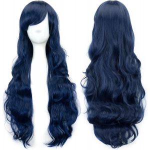 Kalanka-80cm Longue Perruque De Cosplay De Cheveux Naturels Boucl&eacute;s Avec Une Frange Color&eacute;e Halloween Costume Party Perruques Pour Les Femmes (Bleu Fonc&eacute;) - Neuf