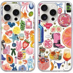 2 Pi&egrave;ces Coque pour iPhone 15 Pro, Transparente &Eacute;tui avec Aesthetic Collage &eacute;t&eacute; Motif Design, TPU Silicone Durable Femme Fille Housse Etui Bumper Cover pour iPhone 15 Pro 6,1'',Fruits - Neuf