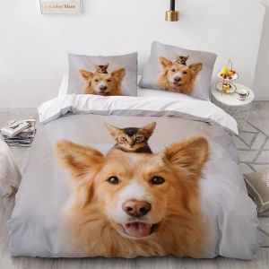 Housse De Couette Chaton Chien X Imprim&iquest;&iquest; D Mignon Animal De Compagnie Parure De Lit Personnes Hypoallergique Microfibre Literie Pi&iquest;&iquest;Ces Avec Fermetur - Neuf
