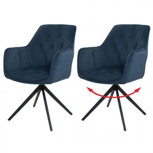 Lot de 2 chaises de salle &agrave; manger HWC-L80, chaises de cuisine rembourr&eacute;es avec accoudoirs, pivotantes, m&eacute;tal et tissubleu - Neuf